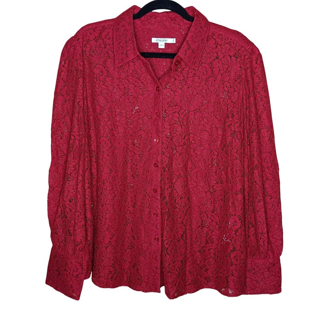 Chico's Lace Long Sleeve Blouse Floral XL 16 Button Down Rayon Blend